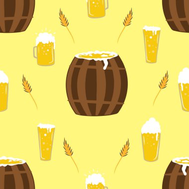 Ekim festivali kutlamaları için kusursuz bir şablon, bira bardakları, bira fıçıları, Ekim Festivali kutlamaları, buğday dikenleri. Ambalaj kağıdı, tekstil, çıkartma, karikatür çizimi, vektör çizimi