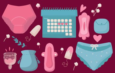 Çevre dostu kadın pedleri, regl kupası, tampon, kız iç çamaşırı koleksiyonu. Acı dolu adet kavramı. Adet işaretli takvim. Modern düz bir şekilde vektör illüstrasyonu