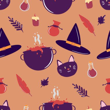 Cadılar Bayramı elementleriyle kusursuz desen, iksirli cadı şapkası ve kap, siyah kedi, rahat mum, sonbahar yaprakları, dallar, sonbahar çizgi filmi çizimi, vektör çizimi, yazıcı baskısı