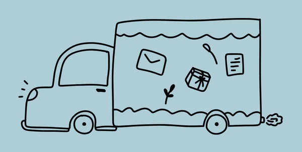 Journée mondiale du courrier. La voiture transporte des colis et des lettres aux destinataires. Livraison des colis. Style linéaire. Style doodle simple avec des taches colorées. Illustration vectorielle — Image vectorielle