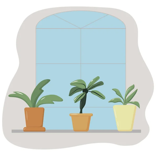 Eine Sammlung von Zimmerpflanzen in Töpfen, die am Fenster stehen, eine Reihe von Blumen im Pflanzkübel, Wohnkomfort, Hausgarten. Vektorgrafik — Stockvektor