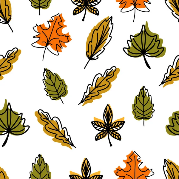 Naadloos patroon van gevallen herfstbladeren van verschillende vormen. Herfst achtergrond, poster met verschillende bladeren. Seizoensgebonden herfstelementen voor het maken van ansichtkaarten, uitnodigingen, Cartoon platte stijl. vector — Stockvector