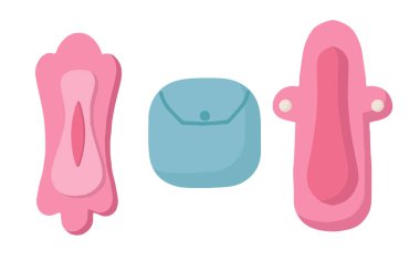 Aylık olarak bir kız için hijyen ürünleri. Tekrar kullanılabilir contalar. Aylık regl kavramı. Adet döngüsünün modern düz tarzında vektör illüstrasyonu.