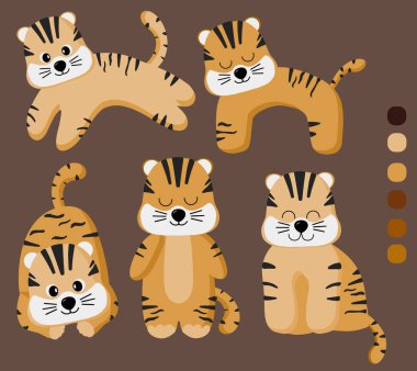 Çizgi film kaplan yavruları koleksiyonu. 5 sevimli karakter, komik bir kaplan yavrusu. Düz elle çizilmiş vektör karalama stili. Çocuklar için dekorasyon, çocuk odası tasarımı, afiş, logo, desen. Yazdır