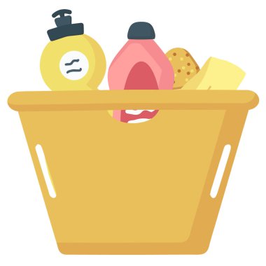 Çamaşır sepeti ve küçük şeylerin depolanması, düzeni sağlamak için temizlik ürünleri, ev konforu, evdeki düzeni sağlamak. Güzel karikatür çizimi. Düz bir vektör kümesi.