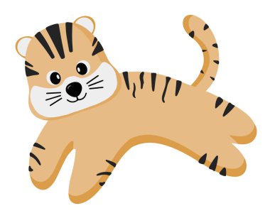 Tatlı çizgi film kaplan yavrusu. Şirin karakter, komik kaplan. Düz elle çizilmiş vektör karalama stili. Çocuklar için dekorasyon, çocuk odası tasarımı, afiş, logo, kalıp, çıkartma. Yazdır