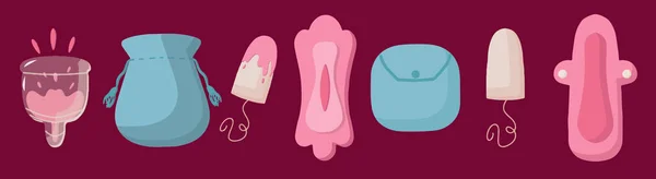 Uma coleção de mulheres eco-friendly almofadas, copo menstrual, tampões, calcinhas meninas. O conceito de menstruação dolorosa. Material de higiene feminina. Ilustração vetorial em estilo plano moderno — Vetor de Stock