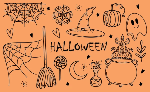 En uppsättning linjära element för att fira Halloween, en häxkittel och hatt, en kvast, En samling Halloween Ghost silhuetter, Vit bakgrund, Vektor Illustration, Doodle Style, spindelnät — Stock vektor