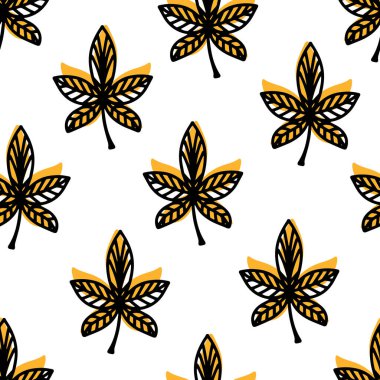 Farklı şekillerde düşen sonbahar yapraklarının kusursuz deseni. Sonbahar arkaplanı, farklı yapraklı poster. Kartpostal, davetiye, düz çizgi film stili yapmak için mevsimlik sonbahar öğeleri. vektör 