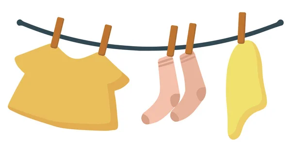 Vários itens de roupa pendurados em uma corda, ilustrações vetoriais isoladas em um fundo branco. A roupa é realizada com um pano de plástico de secagem — Vetor de Stock