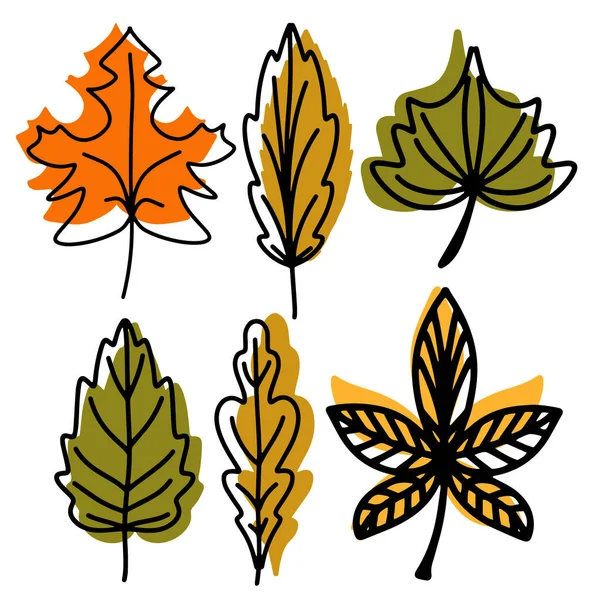 Uma coleção de folhas de outono caídas de diferentes formas e cores. Fundo de outono, um cartaz com folhas coloridas. Elementos sazonais de outono para criar cartões postais, convites. Desenhos animados estilo plano — Vetor de Stock