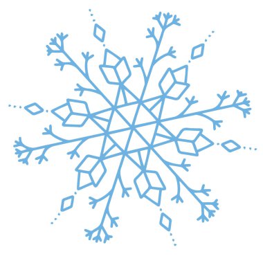 Kış tasarımı için mavi arka planda beyaz kar taneleri. Yılbaşı elementleri koleksiyonu. Kristal kar tanelerinin donmuş siluetleri. Modern tasarım dairesi. Tatil duvar kağıtları.