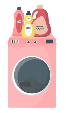 Pembe bir çamaşır makinesi ve çamaşır ve çamaşır yıkamak için temizleme ürünleri olan bir şişe takımı. Evde temizlik yaratmaya çalışıyor. Basit ve sevimli çizgi film çizimi. Düz bir vektör kümesi.