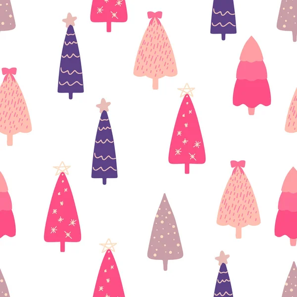 Απρόσκοπτη μοτίβο με χριστουγεννιάτικα δέντρα, μοντέρνα επίπεδη σχεδίαση. Ένα σετ από ασυνήθιστα χρωματιστά χριστουγεννιάτικα δέντρα. Ροζ, λιλά, μπεζ. Για έντυπα - χαρτί αφίσας, ύφασμα ή για το διαδίκτυο. — Διανυσματικό Αρχείο