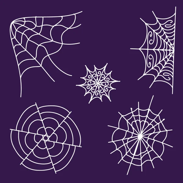 Una collezione di ragnatele terribili per il design e la decorazione di Halloween. Decorazione per la celebrazione di Halloween. Illustrazione vettoriale, semplice e piatta in stile doodle. Ragnatela ragno carino con modelli. — Vettoriale Stock