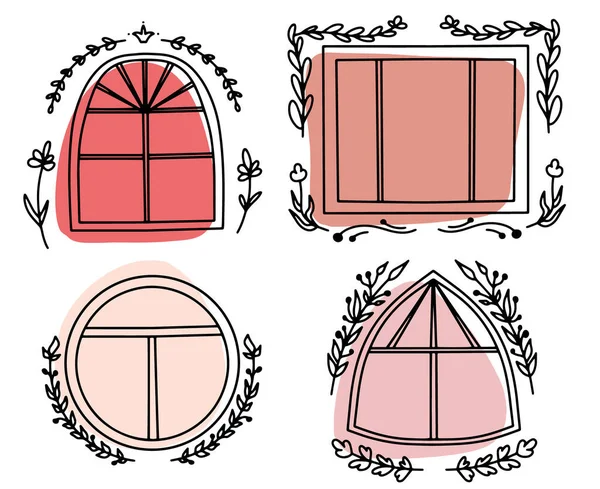 Μεγάλο πανοραμικό παράθυρο και όμορφες αφηρημένες χρωματιστές κηλίδες, πλαίσια λουλουδιών γύρω από το παράθυρο, Συλλογή παραθύρων για πριγκίπισσες. Ωραία παράθυρα για σπίτια. Εικονογράφηση διάνυσμα σε μοντέρνο στυλ doodle — Διανυσματικό Αρχείο
