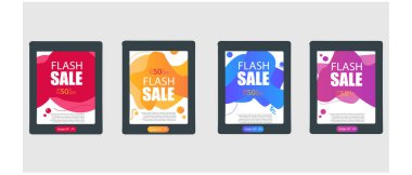 Dinamik modern sıvı mobil satılık pankartlar için. Satış afişi şablonu tasarımı, Süper satış özel teklif seti. Vektör illüstrasyonu