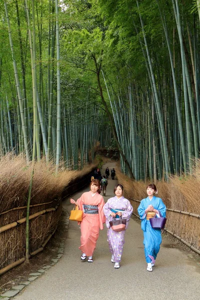 Kyoto Japan Mar 2015 Girls Japanese Kimonos Walk Walkway Bamboo — Stock fotografie