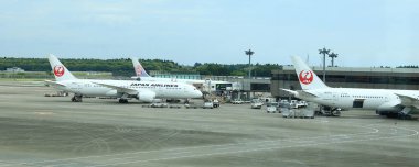 NARITA, JAPONYA - Mayıs 2018: Narita havaalanının yolcu kapısında uçak parkı. 