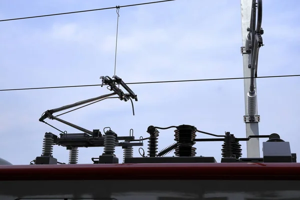 Pantograph of an electric train connecting the train to the overhead catenary wire