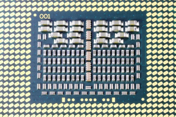 Zbliżenie Jednostki Centralnej Procesora Lub Mikroprocesora Złoty Kontakt Góry Pojęcie — Zdjęcie stockowe