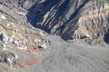 Patlayan yanardağın krater açılışının görüntüsü. Volkanik gaz fümerollü krater. Bulutlar ve gökyüzündeki buhar.
