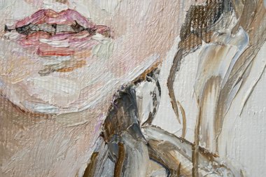 Makro. Dokulu sanat. Yağlı boya boya. Dudaklar. Bir kızın portresi..