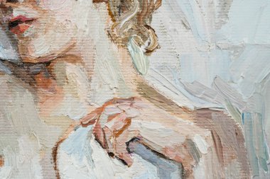 Makro. Dokulu sanat. Yağlı boya boya. Dudaklar. Bir kızın portresi..