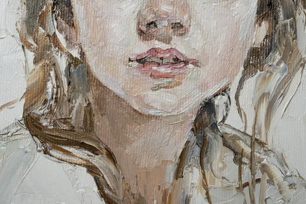 Makro Strukturierte Kunst Fragment Eines Ölgemäldes Lippen Porträt Eines Mädchens — Stockfoto