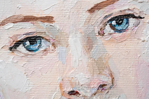 Young girl with beautiful mysterious blue eyes. Fragment of oil painting.