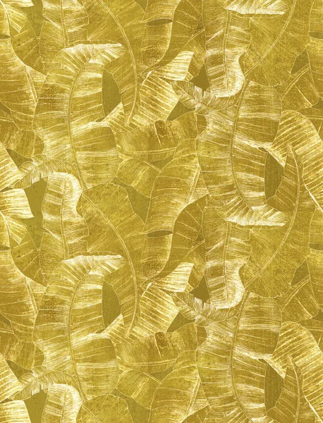 Tropical leaf pattern. Leaves on a gold background. Hand drawing. For the design of fabric, wallpaper, packaging. Vintage print.