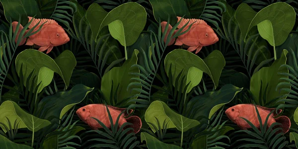 Seamless tropical pattern. Fish in tropical leaves. Suitable for the design of wrapping paper, wallpaper, notebook covers, fabric.