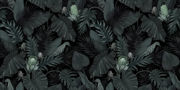 Tropical exotic seamless pattern with protea flowers in tropical leaves. Hand-drawn 3D illustration. Good for design wallpapers, fabric printing, wrapping paper, cloth, notebook covers.