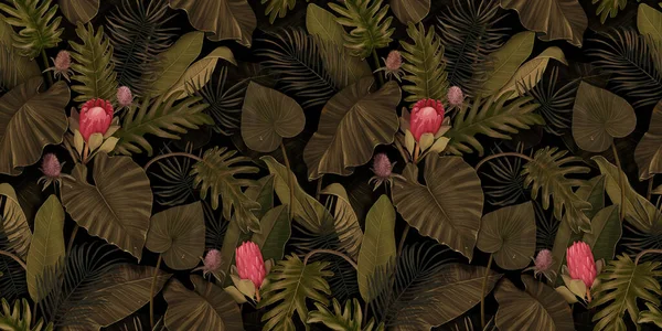 Tropical exotic seamless pattern with protea flowers in tropical leaves. Hand-drawn 3D illustration. Good for design wallpapers, fabric printing, wrapping paper, cloth, notebook covers.