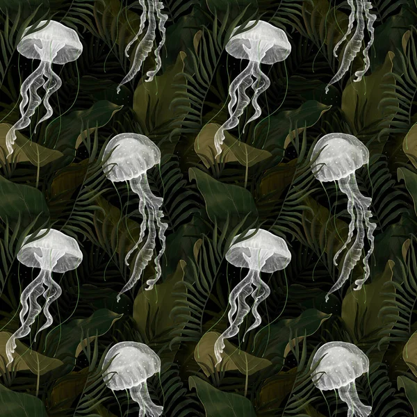 Tropical exotic seamless pattern with jellyfish in tropical leaves. Hand-drawn 3D illustration. Good for production wallpapers, fabric printing, wrapping paper, cloth, notebook covers, goods.