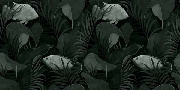 Tropical exotic seamless pattern with fish in tropical leaves. Hand-drawn 3D illustration. Good for production wallpapers, fabric printing, wrapping paper, cloth, notebook covers, goods.