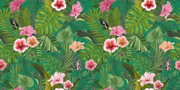 Exotic tropical pattern with hibiscus flowers, butterflies, tropical leaves. Floral background. Hand drawing. Suitable for the design of fabric, paper, wallpaper, notebook covers