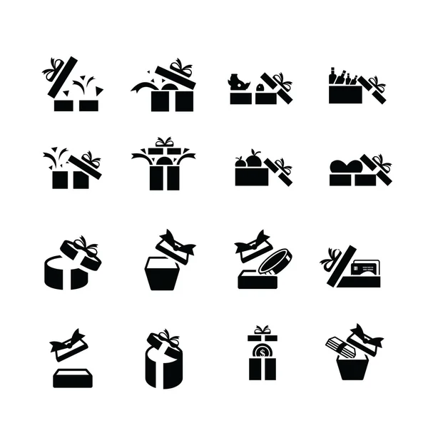 Siyah Hediye Icons set, hediye kutusu aç — Stok Vektör