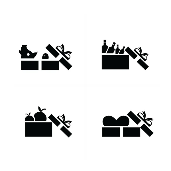 Set icone regalo nero, scatola regalo cibo aperto — Vettoriale Stock