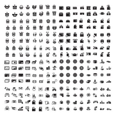 Paralar, kredi kartı, m-cüzdan ve alışveriş sepeti simgeleri 256 öğesi simgesini