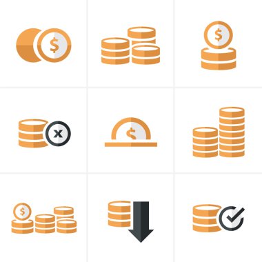 Simge paralar Icons Set, vektör tasarımı siyah renk düz