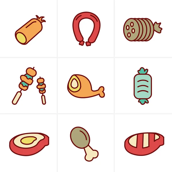 Icons Style vector black meat and sausage icon set on white — Stock Vector