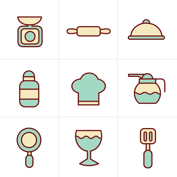 Symbole Stil Kochen Lebensmittel und Küche umreißen Symbole gesetzt — Stockvektor