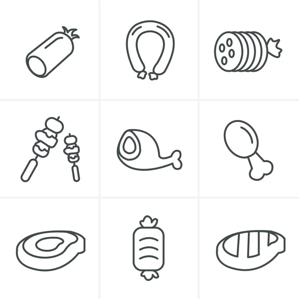 Iconos de línea Estilo vector negro carne y salchicha icono conjunto en blanco — Vector de stock