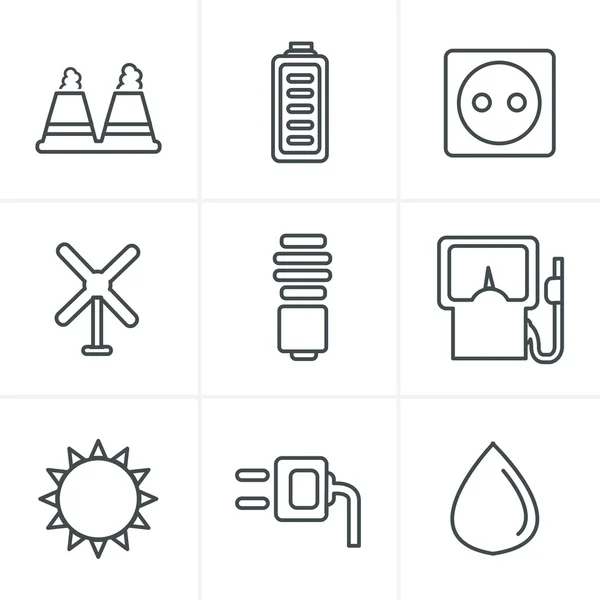 Línea Iconos Estilo vector negro eco energía iconos establecidos en gris — Vector de stock