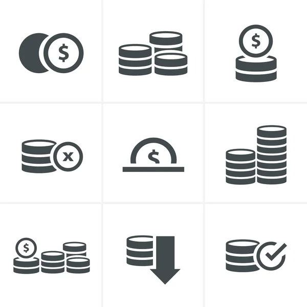 Munten Icons Set, Vector Design zwarte kleur — Stockvector