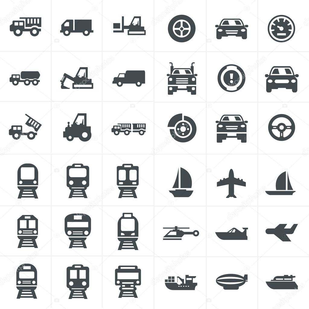 vector black transport icons set on gray