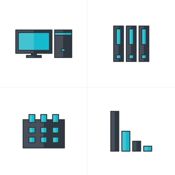 Ordenador, archivo, calendario, gráfico iconos negro y azul — Archivo Imágenes Vectoriales