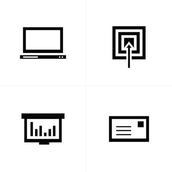 Portátil, objetivo, gráfico, iconos de correo — Vector de stock