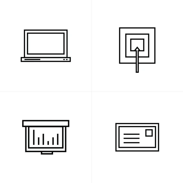 Portátil, objetivo, gráfico, iconos de correo estilo de línea — Vector de stock